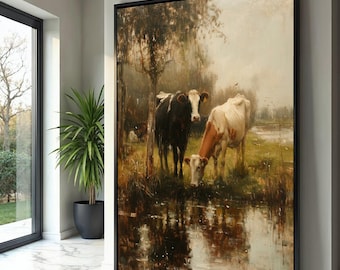 Rustic Cows Canvas Art, Farm Landscape Painting, Pastoral Decor
