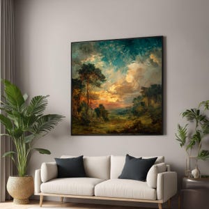 Quadro su tela con tramonto spettacolare, quadro murale con scena forestale, dipinto naturalistico impressionista, quadro con cielo caldo, stampa artistica per la casa