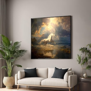 Stampa su tela raffigurante un maestoso cavallo bianco, schizzi d'acqua sull'oceano, decorazione da parete con cielo drammatico, stampa su tela equestre, arte murale con natura e animali