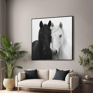 Black and White Horses Canvas, Contrast Animal Wall Art, Equine Portrait Canvas, Minimalist Rustic Decor, Nature Animal Painting