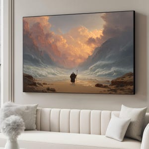 Quadro su tela con scena drammatica di separazione del mare, quadro con onde spirituali dell'oceano, dipinto di Mosè che attraversa il mare, quadro con paesaggio costiero ispiratore, cielo al tramonto