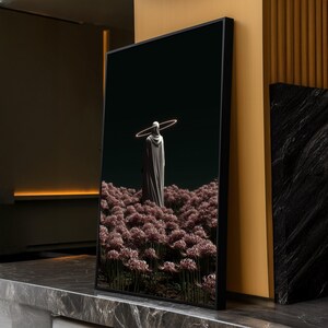 Mystical Hooded Figure Canvas, Glowing Halo Art, Surreal Dark Floral Landscape, Modern Spiritual Wall Decor, Meditation Room Canvas