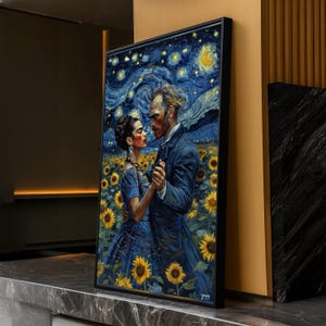 Romantic Dance Under Starry Night Canvas, Sunflower Field Wall Art, Van Gogh Night Sky, Couple Portrait Canvas, Home Decor, Ready to Hang