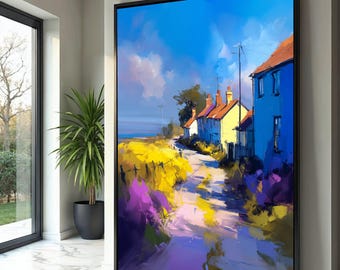 Vibrant Countryside Pathway, Colorful Cottage Canvas, Rural Landscape Wall Art, Impressionist Style Canvas, Home Decor Painting