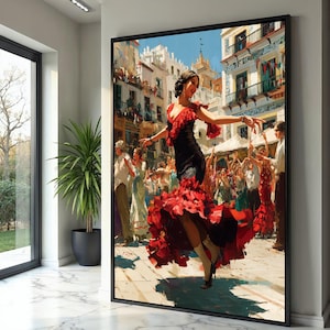 Vibrant Flamenco Dancer Canvas, Spanish Street Festival Art, Red Ruffled Dress Wall Art, Cultural Dance Painting, Festival Celebration Decor