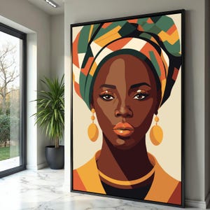 Elegant African Woman Portrait Canvas, Modern Ethnic Wall Art, Colorful Headwrap Illustration, Cultural Home Decoration, Ready to Hang