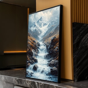 Majestic Mountain Waterfall Canvas, Snowy Peak Landscape, Nature Wall Art, Serene River Scene, Home Decoration Painting
