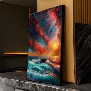 Tramonto sull'oceano surreale su tela, cielo drammatico come sfondo murale, paesaggio marino astratto su tela, barca solitaria su mare turbolento, decorazioni marittime colorate, pronto per