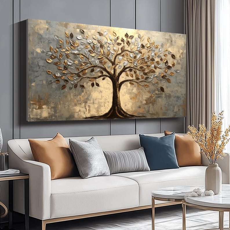 Elegant Metallic Tree Canvas Wall Art, Gold and Silver Leaf Decor, Nature Painting, Modern Abstract Tree Canvas, Ready to Hang Home