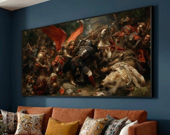 Dramatic Medieval Battle Scene Canvas, Angel Warrior Artwork, Historical Warfare Wall Art, Fantasy Armor Painting, Epic Combat Canvas Decor