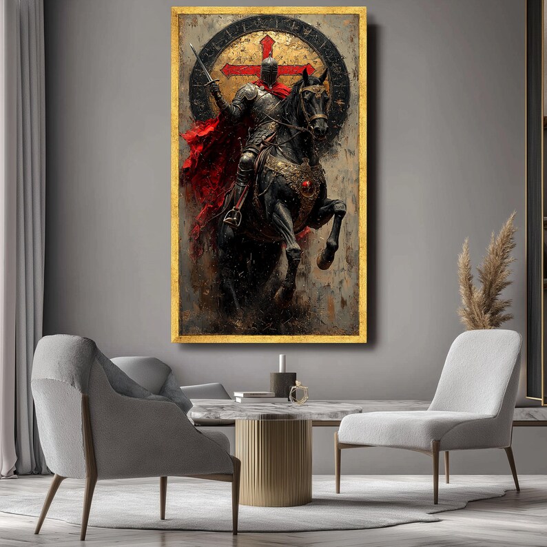 Medieval Knight on Black Horse Canvas, Red Cross Shield Wall Art ...