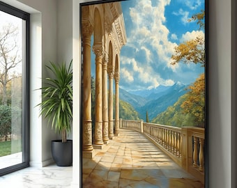 Mediterranean Balcony View Canvas, Mountain Landscape Wall Art