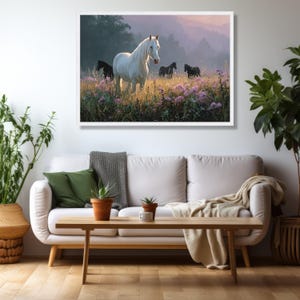White Horse Wildflower Meadow Canvas, Equestrian Wall Art image 5