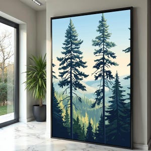 Maestosa foresta di pini, stampa su tela, paesaggio montano, paesaggio naturale, decorazione boschiva, stampa di una foresta tranquilla, pronta per