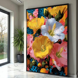 Vibrant Hibiscus Flowers Canvas Wall Art, Colorful Floral Painting, Tropical Garden Decor, Bright Botanical Canvas, Home Decoration Artwork