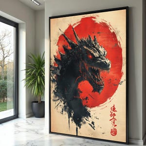 Quadro su tela raffigurante una testa di drago feroce, in stile giapponese, con sfondo di sole rosso, dipinto di una creatura mitologica, arredamento moderno asiatico.
