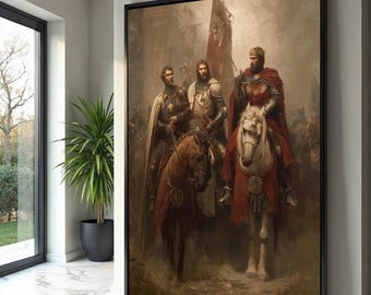 Könnte beinhalten: Gerahmter Leinwanddruck mit drei Rittern auf Pferden, mit roter und goldener Fahne. Die Ritter tragen Rüstungen und Umhänge vor einem gedämpften, historischen Hintergrund. Das Kunstwerk wird in einem hellen, modernen Innenraum ausgestellt.