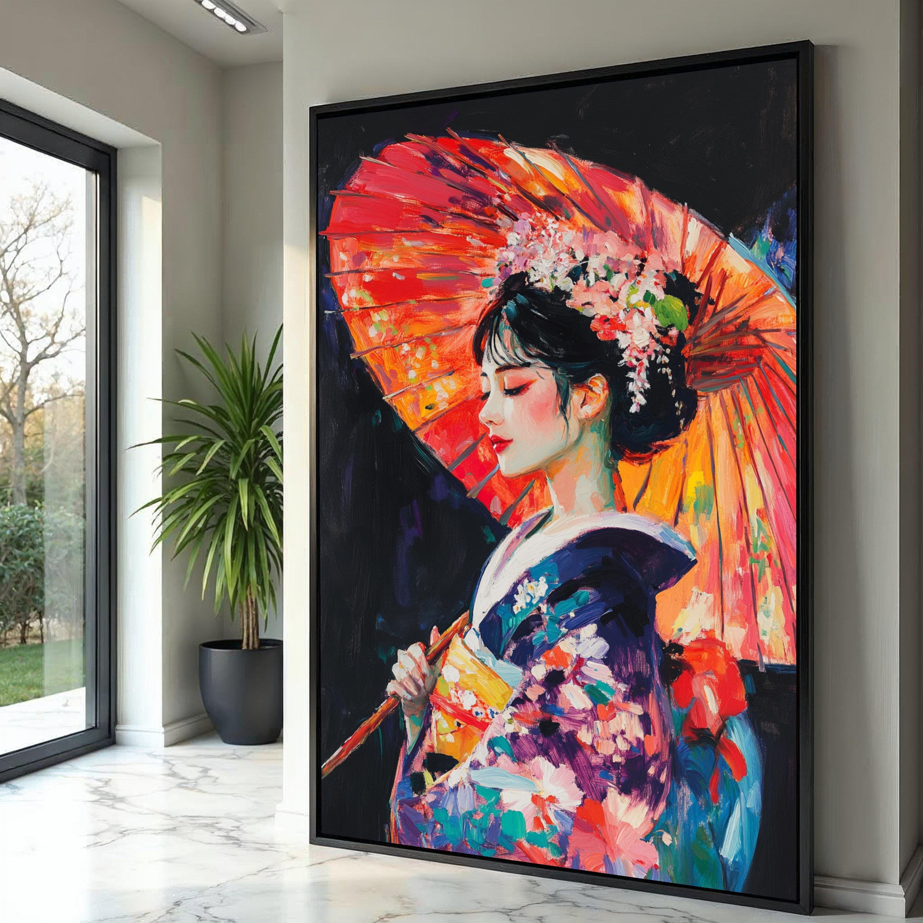 希少 海外コラボ デニムジャケット 芸者 Geisha アート Elegant Geisha With Red Umbrella Canvas, Floral Kimono Wall Art