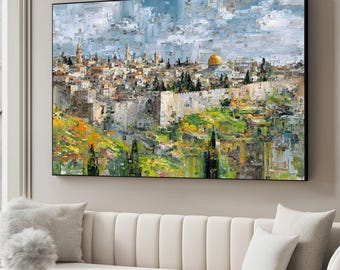 Jerusalem Old City Skyline Canvas, Abstract Landscape Wall Art, Modern Cityscape Painting, Home Décor Canvas Print, Religious Architecture