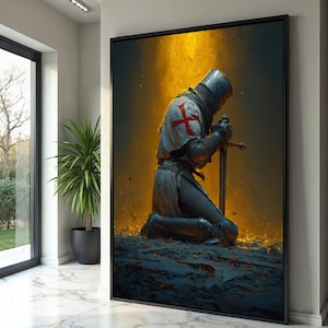 Medieval Knight Kneeling Canvas, Crusader Armor Wall Art, Historical Warrior Canvas, Sword and Prayer Scene, Dramatic Lighting Decor