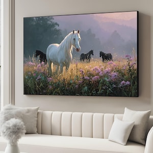 White Horse Wildflower Meadow Canvas, Equestrian Wall Art image 1