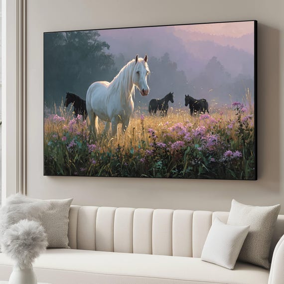 White Horse Wildflower Meadow Canvas, Equestrian Wall Art