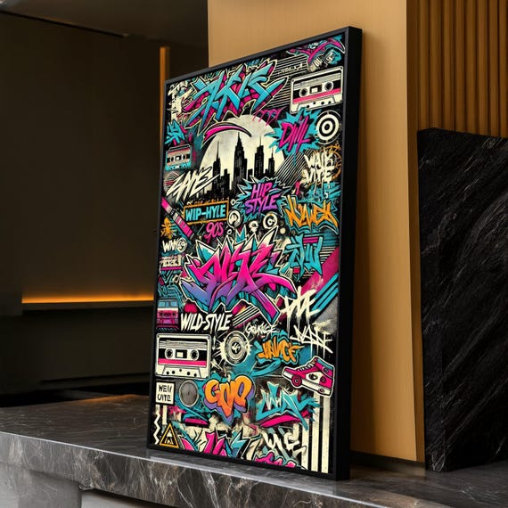 Vibrant 90s Hip Hop Graffiti Canvas, Urban Street Art Wall Decor