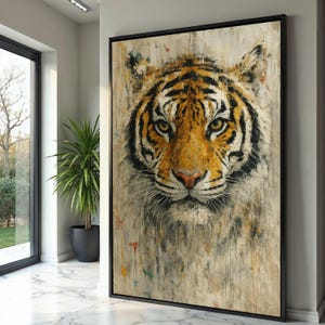 Quadro su tela raffigurante una maestosa tigre, ritratto di animali selvatici, dipinto rustico della natura, decorazione da parete audace, tela pronta da appendere.