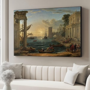 Classical Harbor Scene Canvas, Ancient Port Wall Art, Sunset Seaside Landscape, Historical Architecture Canvas, Nautical Coastal Decor,