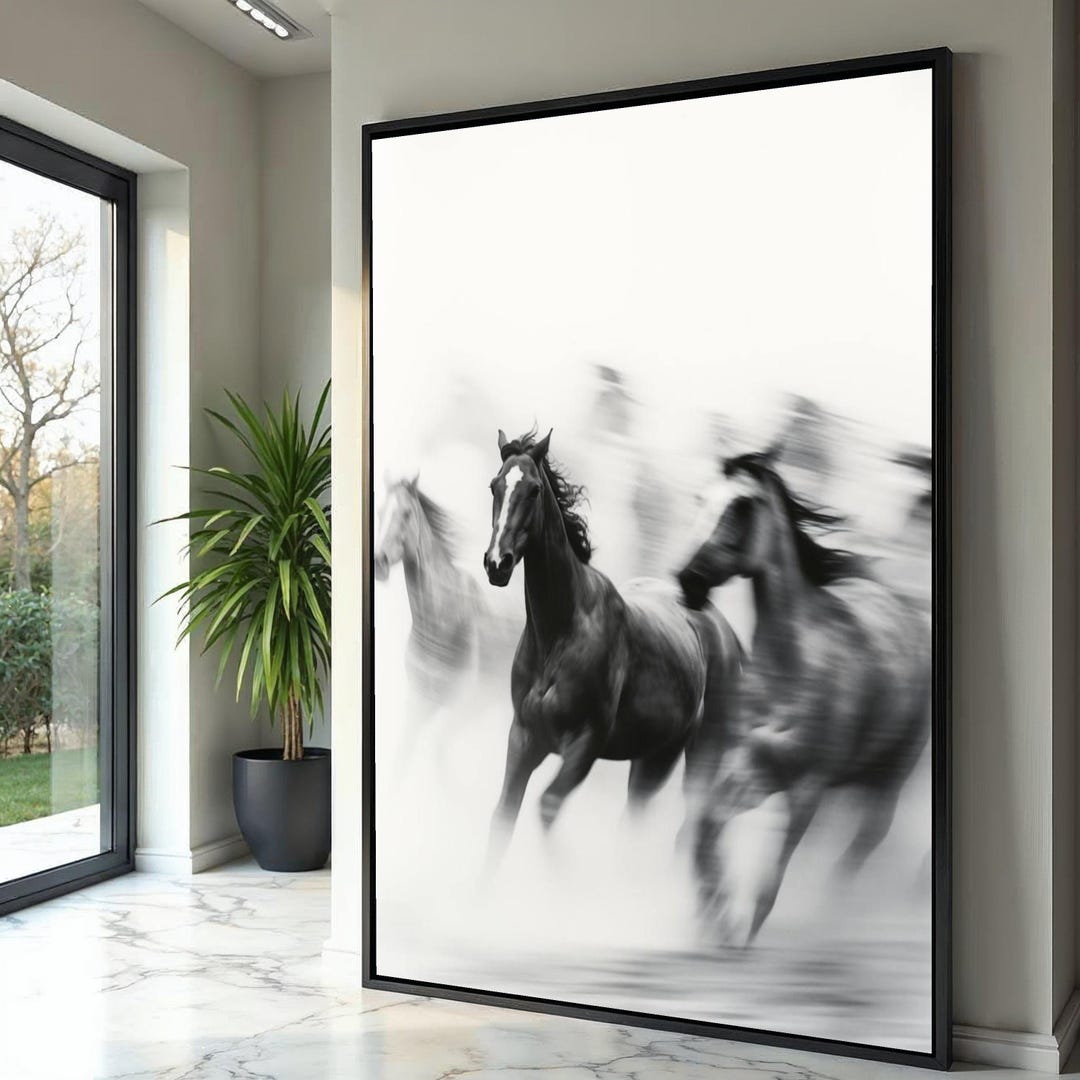 Black and White Galloping Horses Canvas, Dynamic Animal Wall Art ...