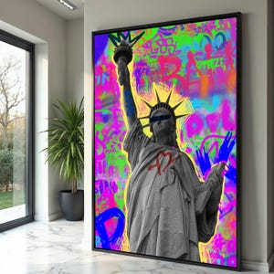 Graffiti Vrijheidsbeeld canvas, urban street art muurdecor, kleurrijke popart, canvas modern stadsgezicht, levendige muurkunst voor thuis