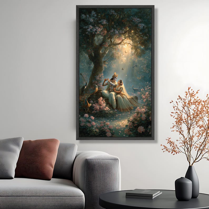 Krishna and Radha Canvas, Indian Mythology Garden Art image 3