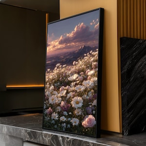Quadro su tela con prato fiorito, quadro murale con tramonto in montagna, quadro con margherite e rose, quadro con paesaggio naturale, decorazione floreale per la casa