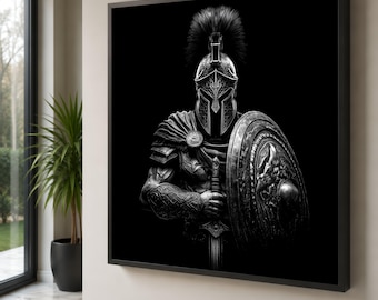 Spartan Warrior Canvas Wall Art, Black Background Heroic Armor, Ancient Gladiator Shield Canvas, Mythical Warrior Home Decor