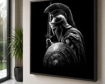 Spartan Warrior Canvas Art, Ancient Greek Soldier Helmet Shield Decor