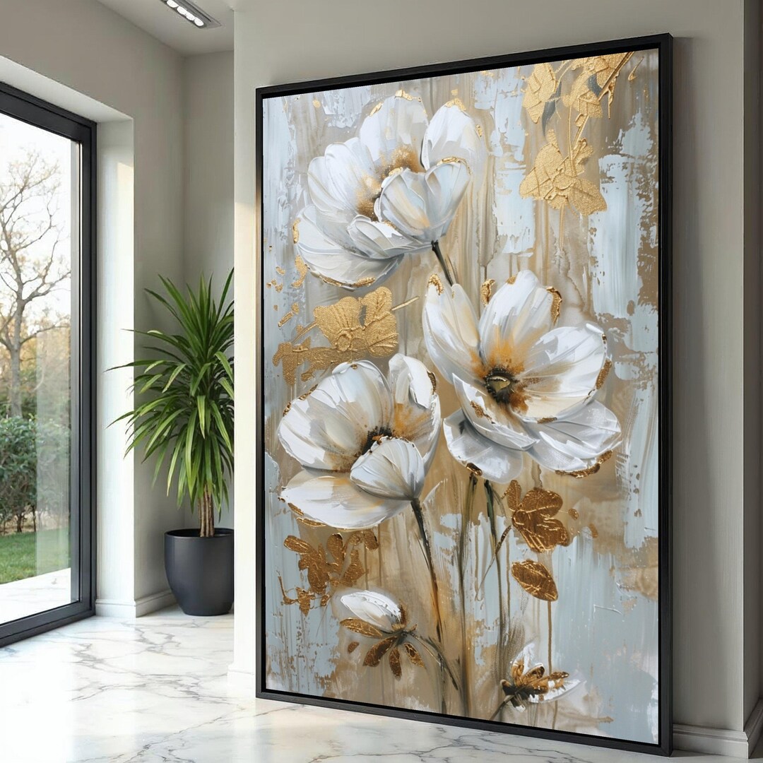 White Floral Canvas Art, Gold Accents, Modern Abstract Painting - Etsy
