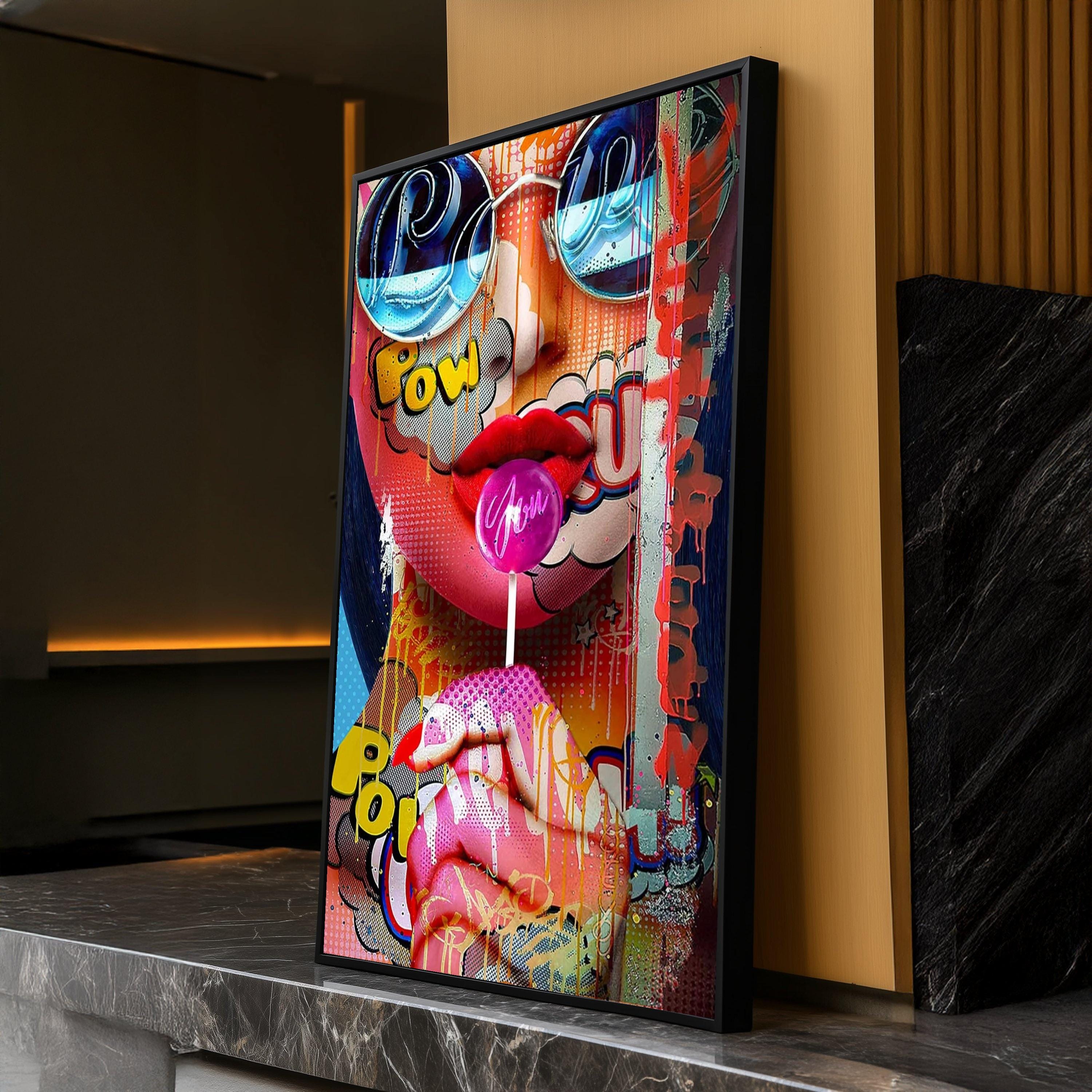 Vibrant Pop Art Woman With Lollipop Canvas, Colorful Street Art