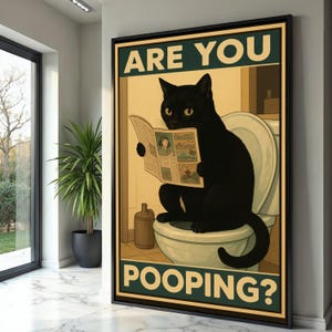 Humorous Black Cat on Toilet Canvas, Funny Bathroom Wall Art, Quirky Cat Reading Newspaper, Unique Home Decor, Playful Canvas Print