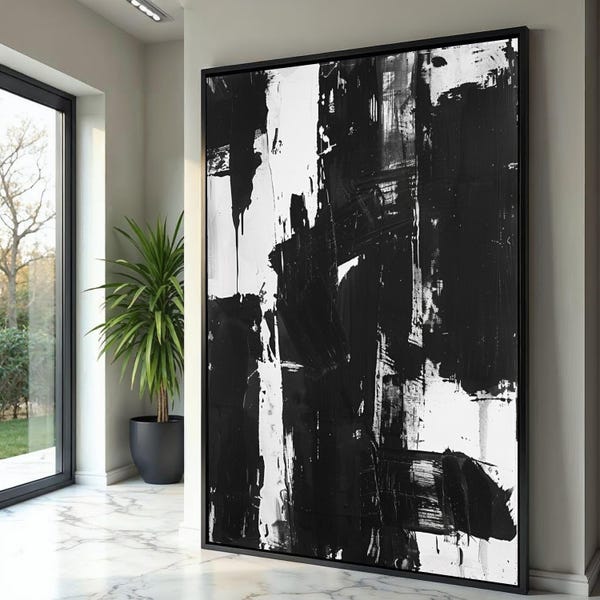 Abstrakte Schwarz-Weiß-Leinwand, moderne Pinselstrich-Wandkunst