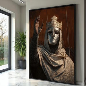 Medieval Knight with Crown Canvas, Royal Armor Wall Art, Historical Warrior Canvas, Metal Mask Art, Gothic Home Decoration