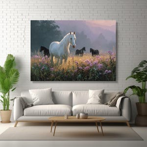 White Horse Wildflower Meadow Canvas, Equestrian Wall Art image 6