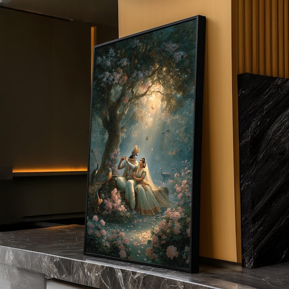 Divine Krishna and Radha Canvas, Romantic Indian Mythology Wall Art, Spiritual Garden Scene Canvas, Nature and Devotion Wall Decor, Ready to