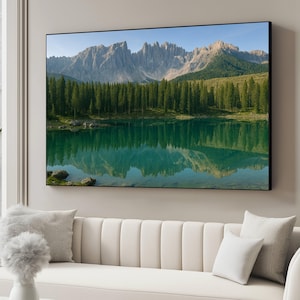 Majestic Mountain Range with Pine Forest Reflection Canvas, Serene Lake Wall Art, Tranquil Nature Landscape Canvas, Outdoor Scenic
