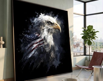 Patriotic Bald Eagle Canvas Wall Art, American Flag Splash Design, USA Symbolic Decor, Wildlife Canvas Print, Home Wall Decoration
