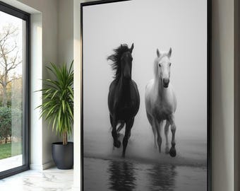 Black and White Running Horses Canvas, Equestrian Wall Art