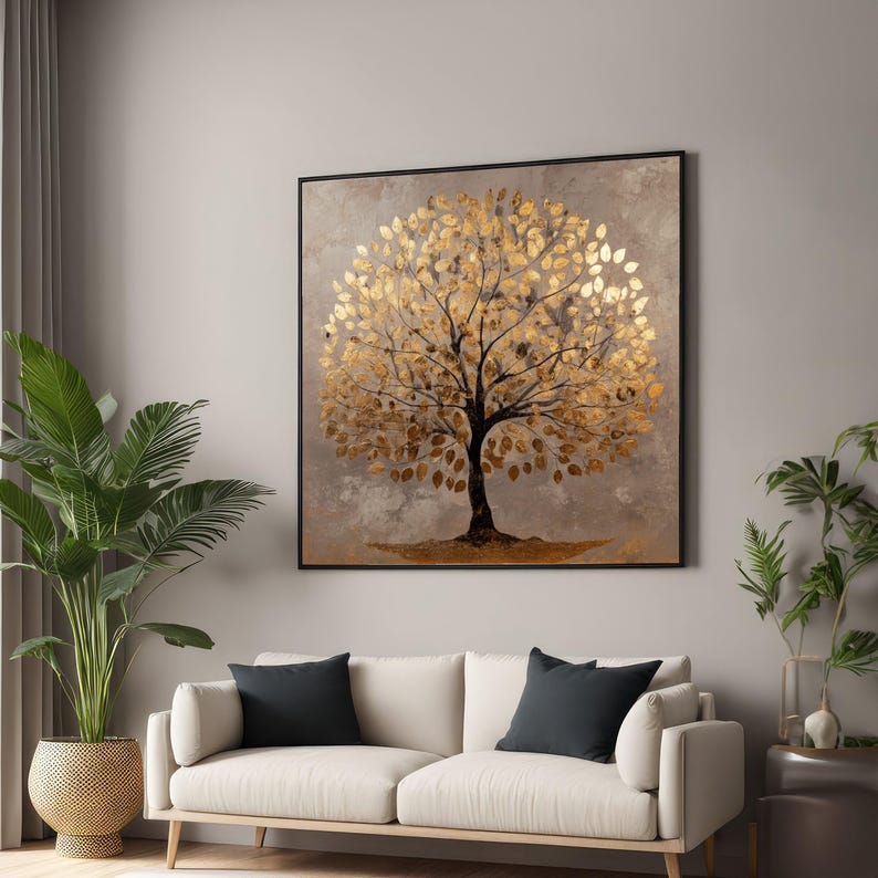 Golden Tree Canvas Wall Art, Metallic Leaf Tree Painting, Elegant Nature Canvas, Tree of Life, Modern Home Décor, Ready to Hang Artwork