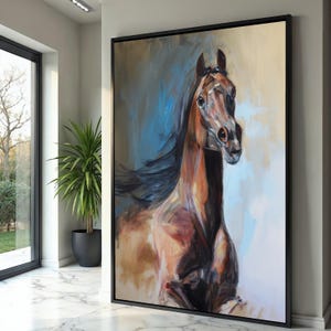 Ritratto di cavallo marrone maestoso, dipinto su tela astratto con cavallo, decorazione murale con animali da fattoria, decorazione rustica per la casa, dipinto di cavallo espressivo