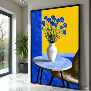 Modern Blue Flowers in White Vase Canvas, Yellow and Blue Abstract Wall Art, Contemporary Floral Still Life Canvas, Home Decor Accent
