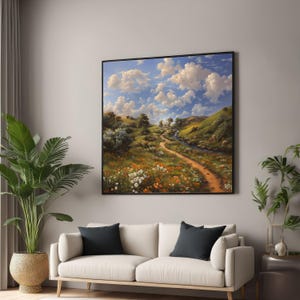 Idyllische Landschaft Weg Leinwand, Blumenwiese Wandkunst, Bach- und Hüttenlandschaft, Naturlandschaft Leinwand, Gelassene Dekoration zu Hause