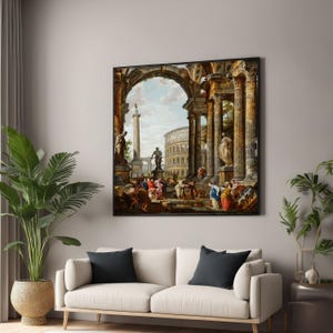 Ancient Roman Ruins Canvas Wall Art, Classical Architecture Painting, Colosseum and Statues, Historic Italy Decor, Vintage Mythological